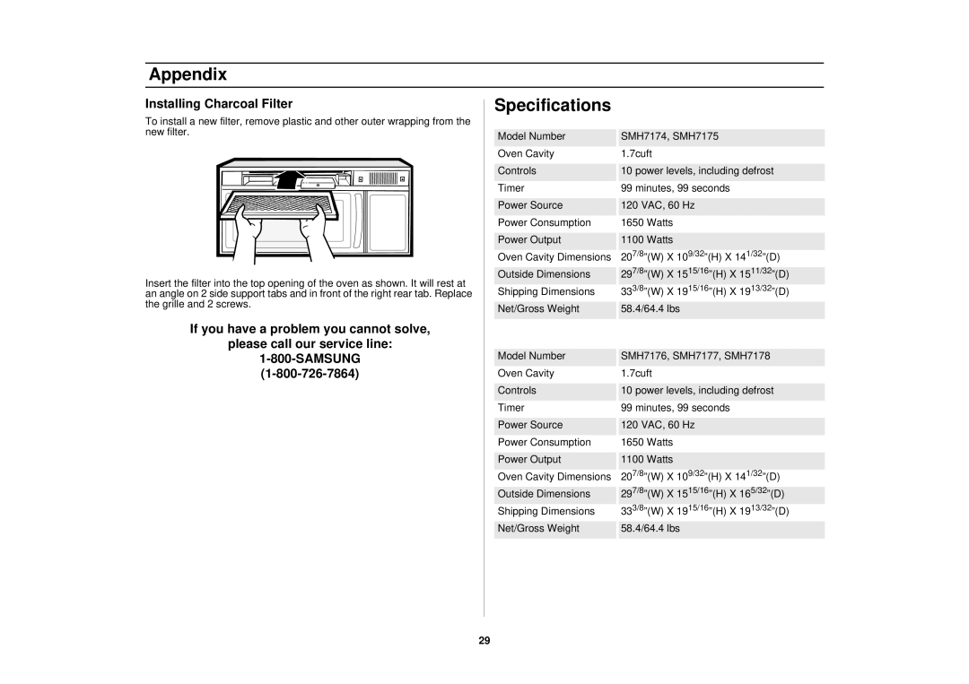 Samsung SMH7178STE owner manual Appendix, Specifications 