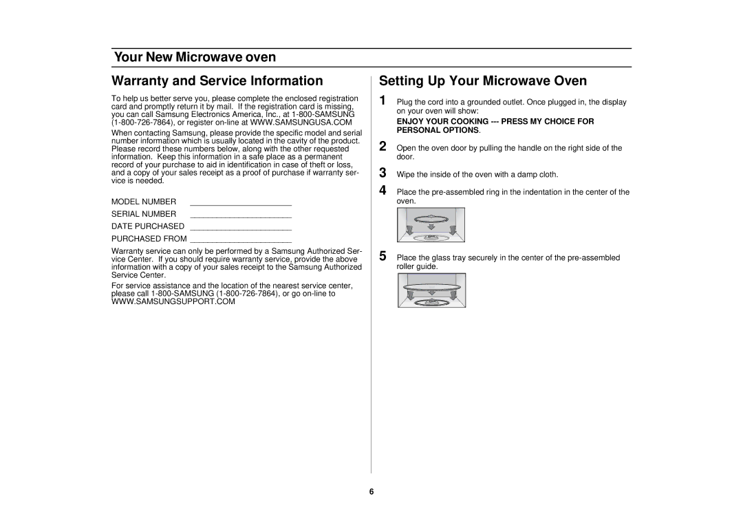 Samsung SMH7178STE Your New Microwave oven Warranty and Service Information, Model Number Serial Number Date Purchased 