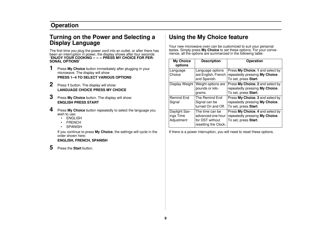 Samsung SMH7178STE owner manual My Choice Description Operation, Options 