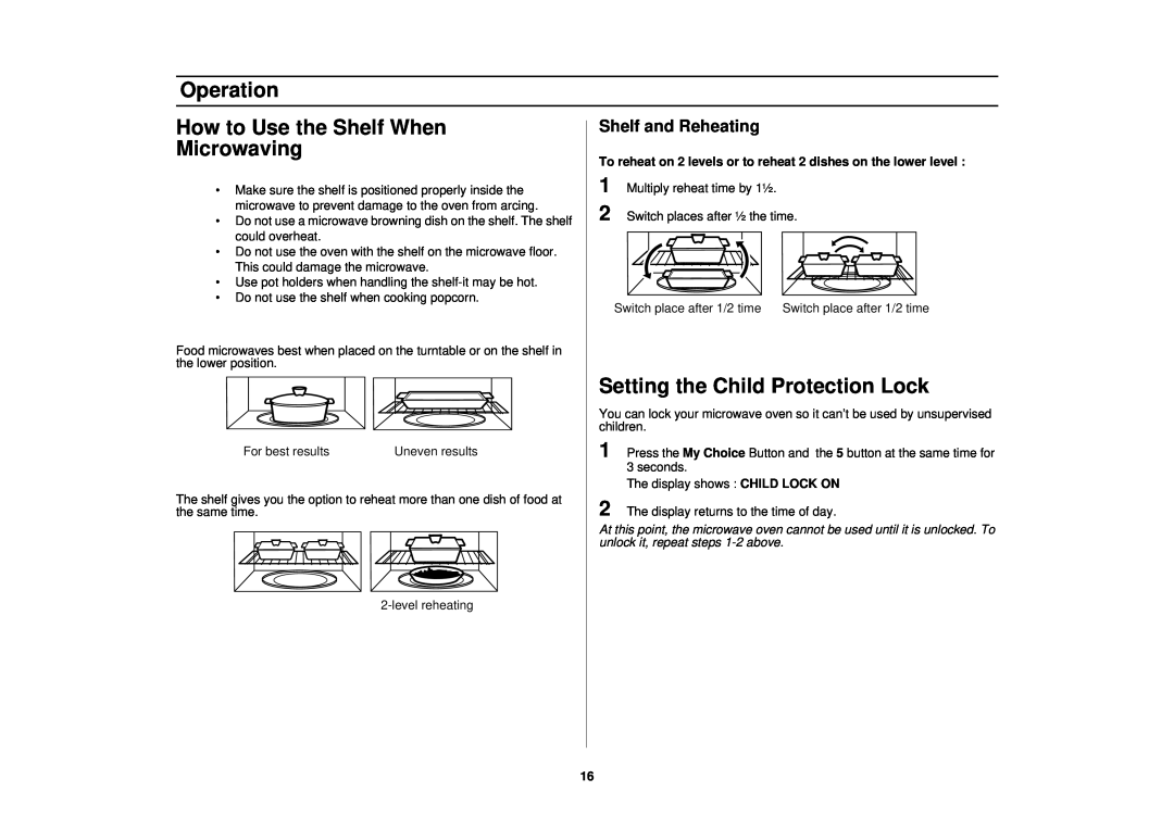 Samsung SMH7178STE How to Use the Shelf When Microwaving, Setting the Child Protection Lock, Shelf and Reheating 