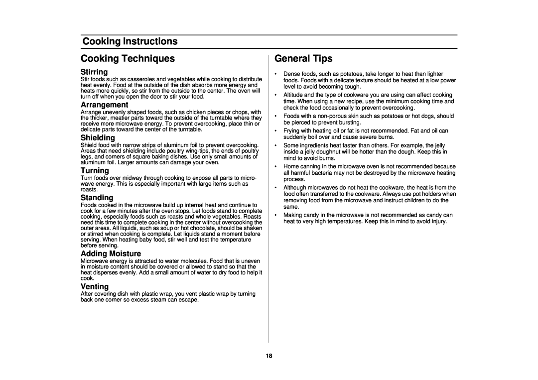 Samsung SMH7178STE Cooking Techniques, General Tips, Stirring, Arrangement, Shielding, Turning, Standing, Adding Moisture 