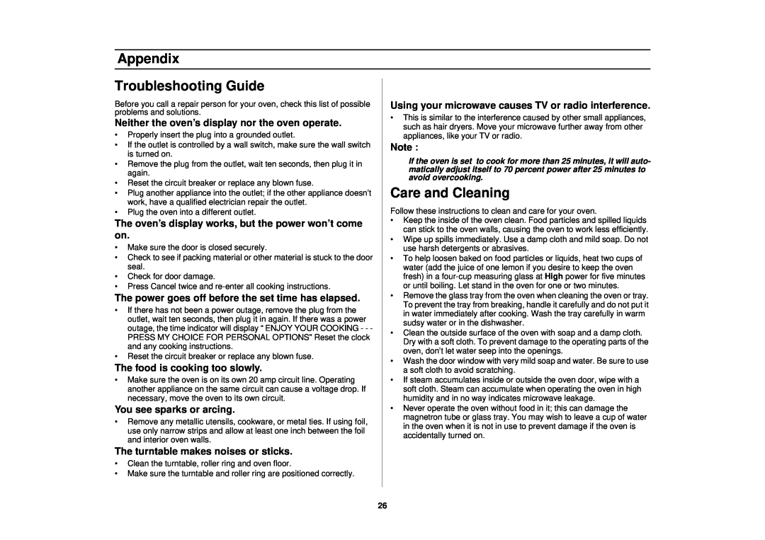 Samsung SMH7178STE Appendix, Troubleshooting Guide, Care and Cleaning, Neither the oven’s display nor the oven operate 