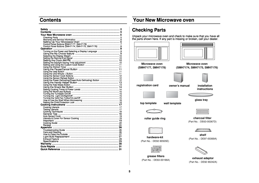 Samsung SMH7178STE owner manual Contents, Your New Microwave oven, Checking Parts 