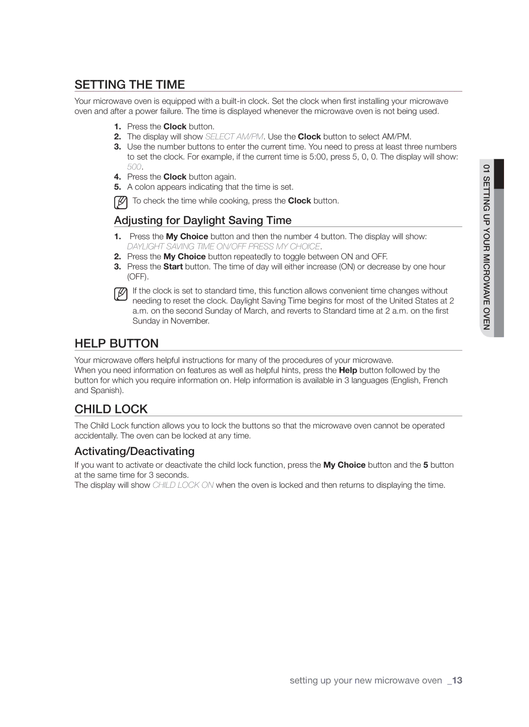 Samsung SMH7185 Setting the time, Help button, Child lock, Adjusting for Daylight Saving Time, Activating/Deactivating 