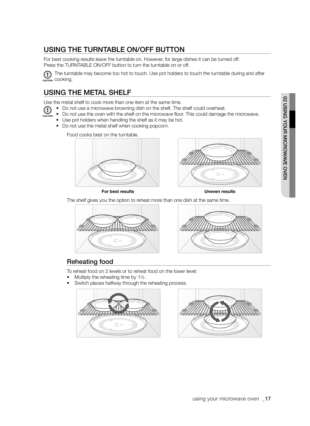 Samsung SMH7185 user manual Using the Turntable On/Off button, Using the metal shelf, Reheating food 