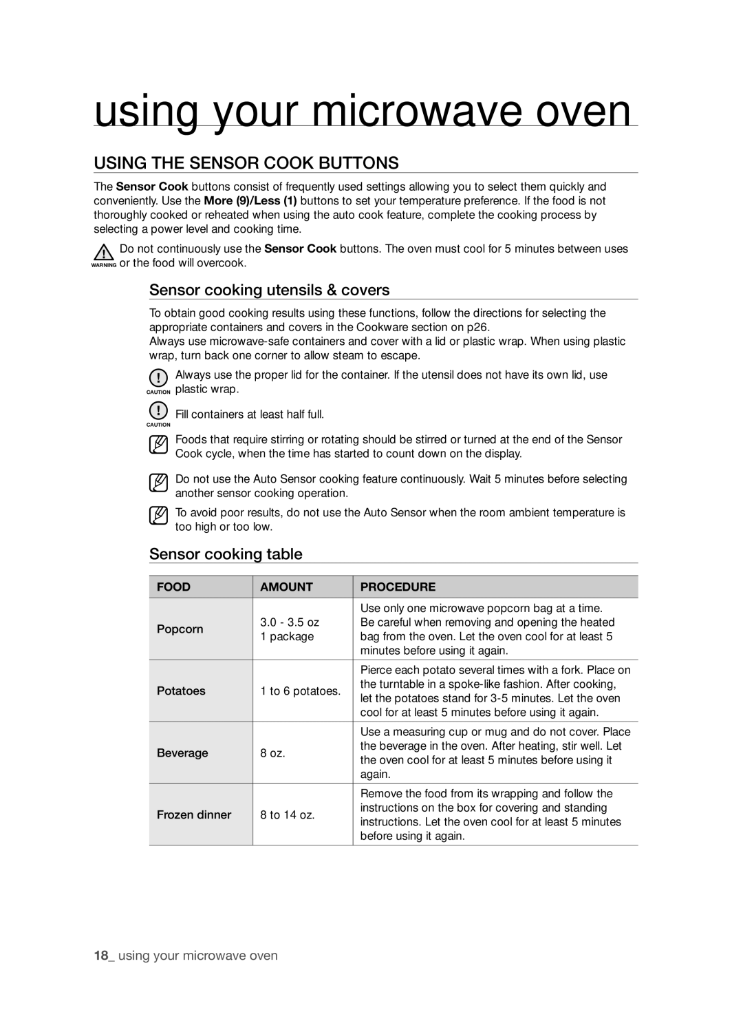 Samsung SMH7185 user manual Using the Sensor Cook buttons, Sensor cooking utensils & covers, Sensor cooking table 