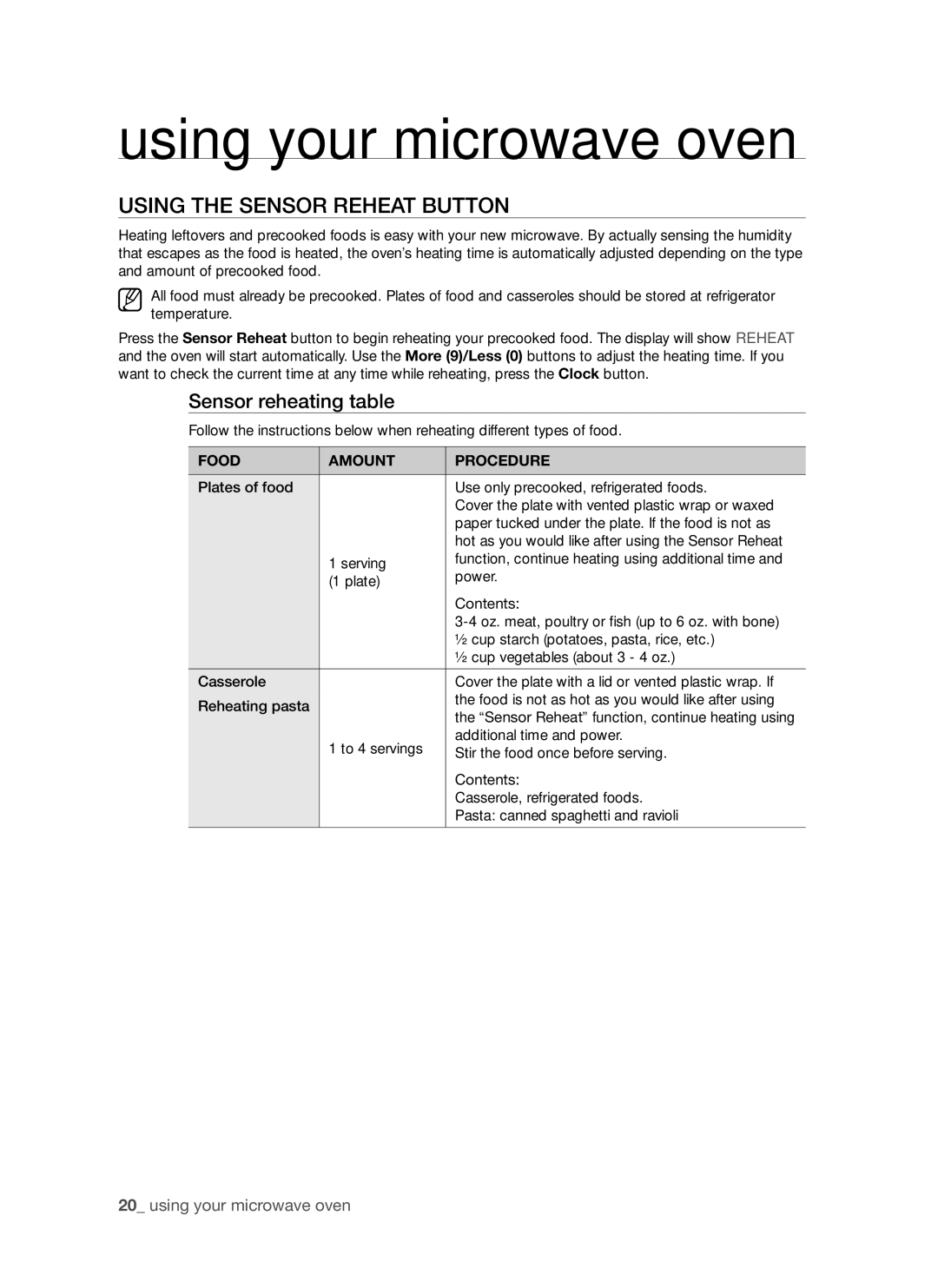 Samsung SMH7185 user manual Using the Sensor Reheat button, Sensor reheating table 