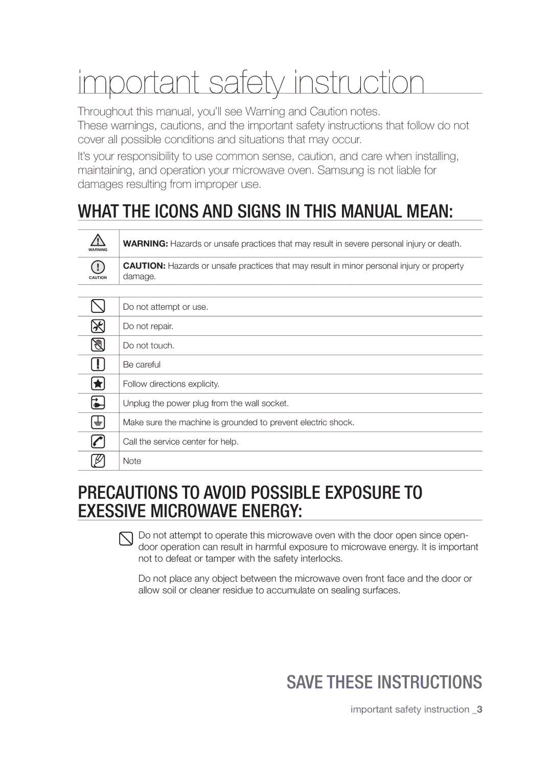 Samsung SMH7185 user manual Important safety instruction, What the icons and signs in this manual mean 