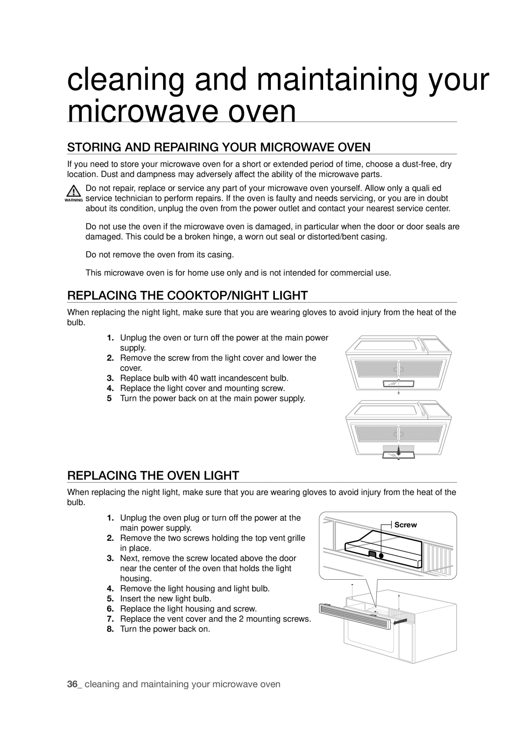 Samsung SMH7185 STorIng AnD rePAIrIng your mICrowAVe oVen, RePLACIng The CookToP/nIghT LIghT, RePLACIng The oVen LIghT 