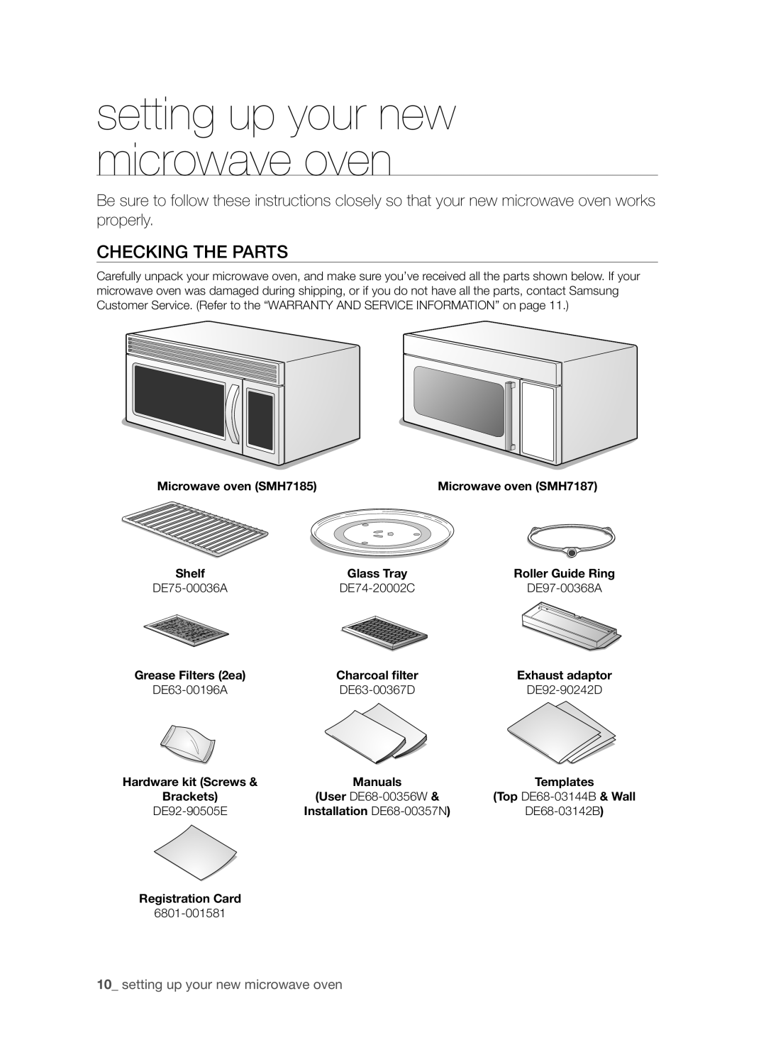 Samsung SMH7185 user manual setting up your new microwave oven, Checking the parts 