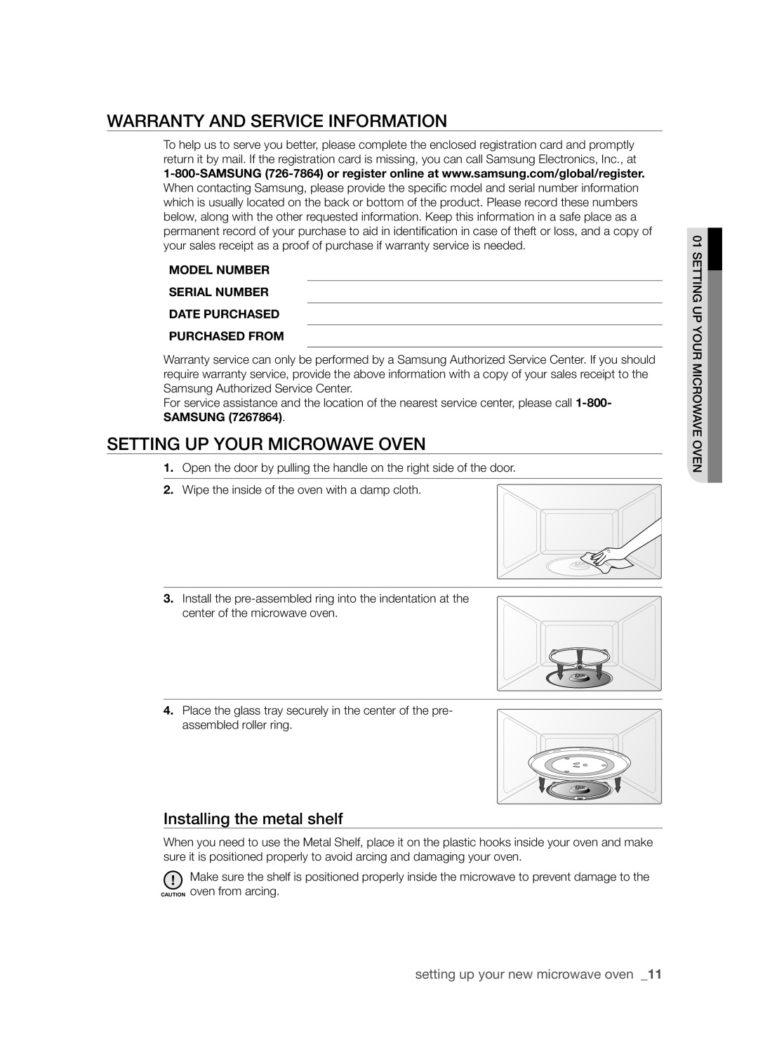 Samsung SMH7185 user manual Warranty and service information, Setting up your microwave oven, Installing the metal shelf 