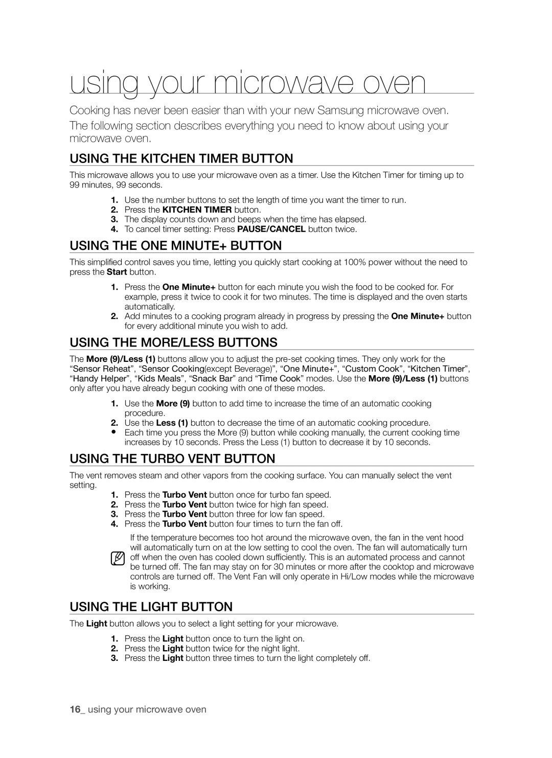 Samsung SMH7185 user manual using your microwave oven, Using the Kitchen Timer button, Using the One Minute+ button 