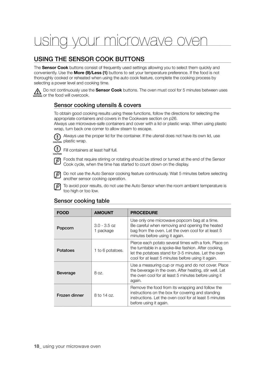 Samsung SMH7185 user manual Using the Sensor Cook buttons, using your microwave oven, Sensor cooking utensils & covers 
