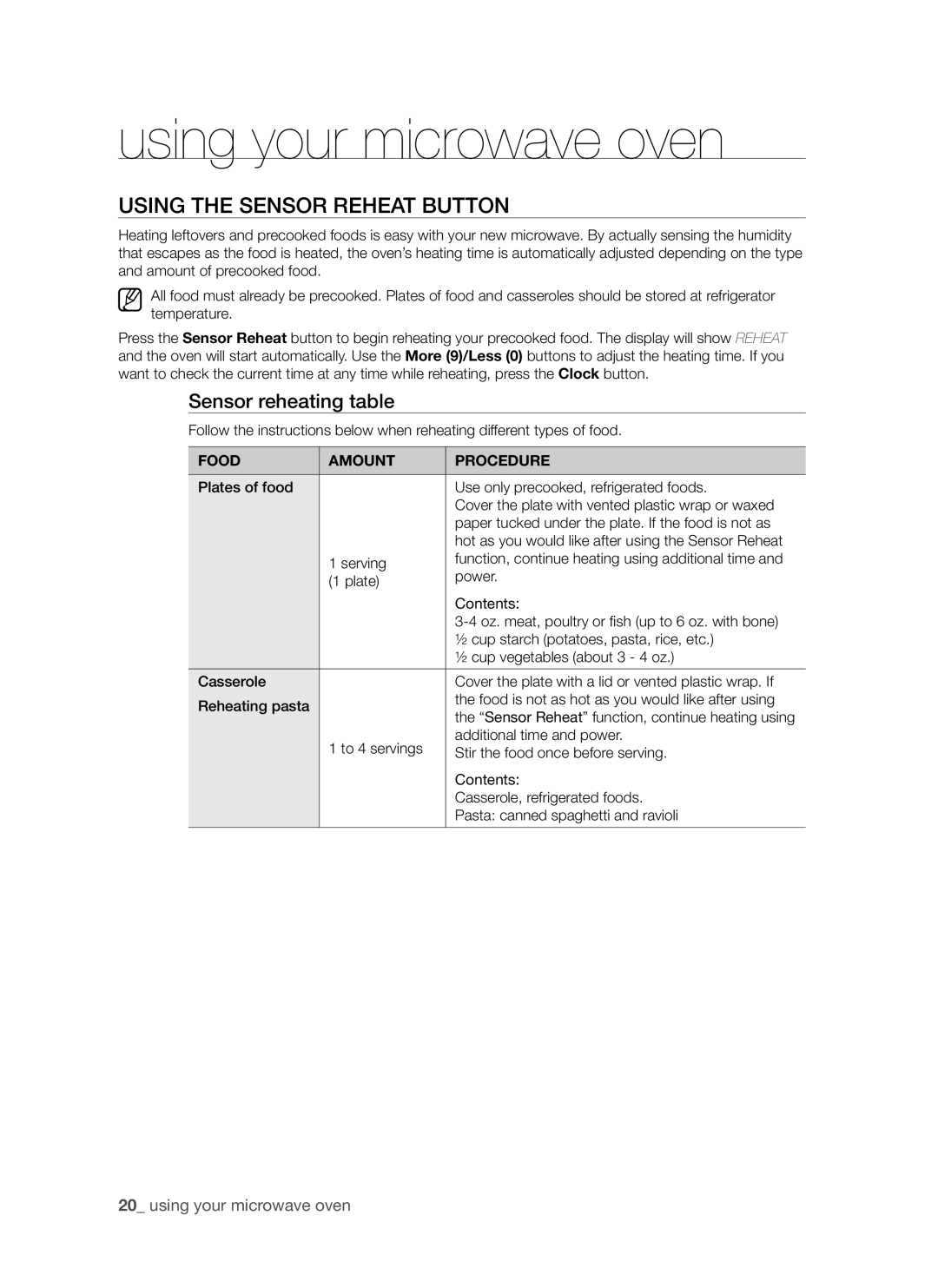 Samsung SMH7185 user manual Using the Sensor Reheat button, using your microwave oven, Sensor reheating table 