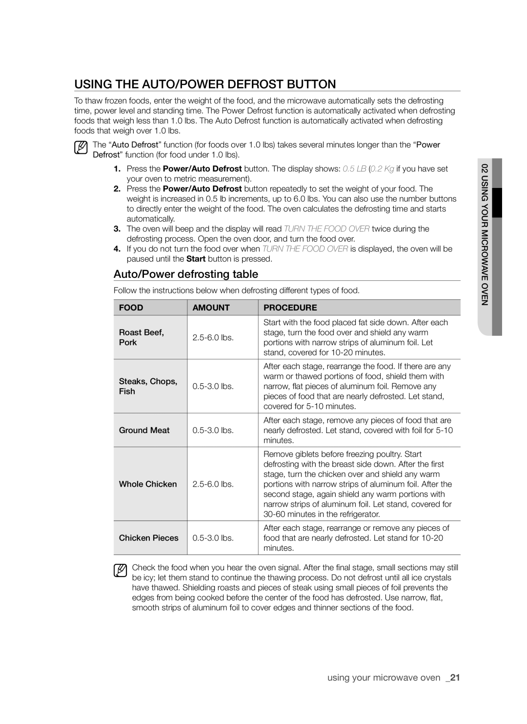 Samsung SMH7185 user manual Using the Auto/Power Defrost button, Auto/Power defrosting table, using your microwave oven 