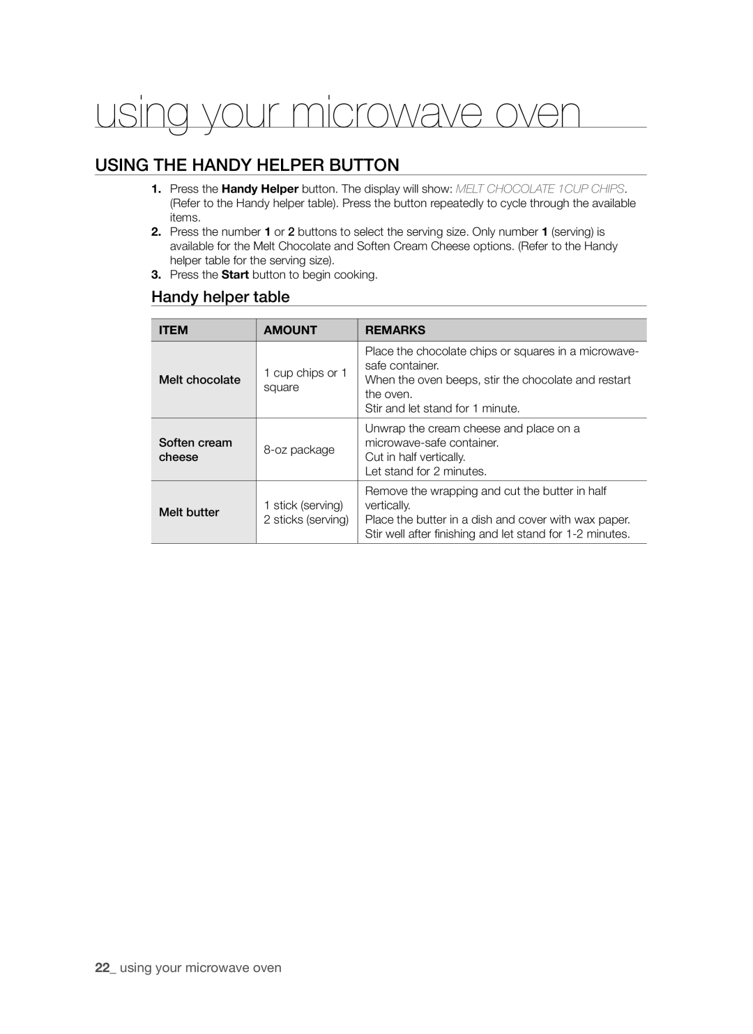 Samsung SMH7185 user manual Using the Handy Helper button, using your microwave oven, Handy helper table 