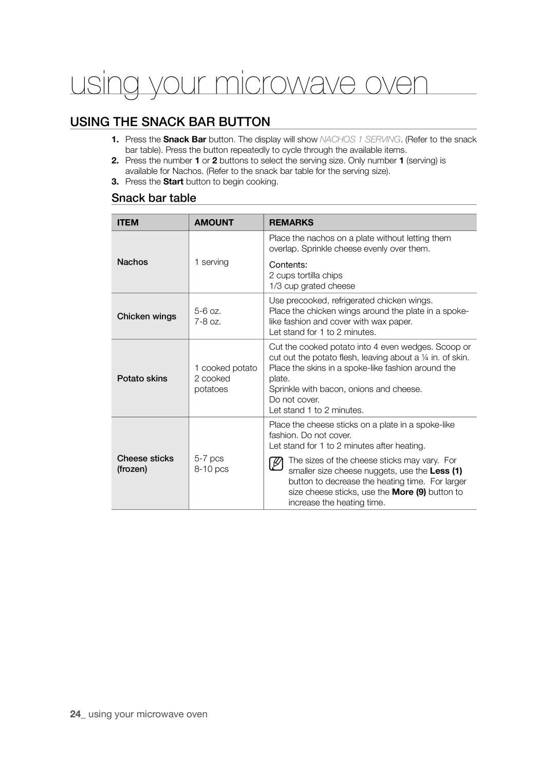 Samsung SMH7185 user manual Using the Snack Bar button, using your microwave oven, Snack bar table 