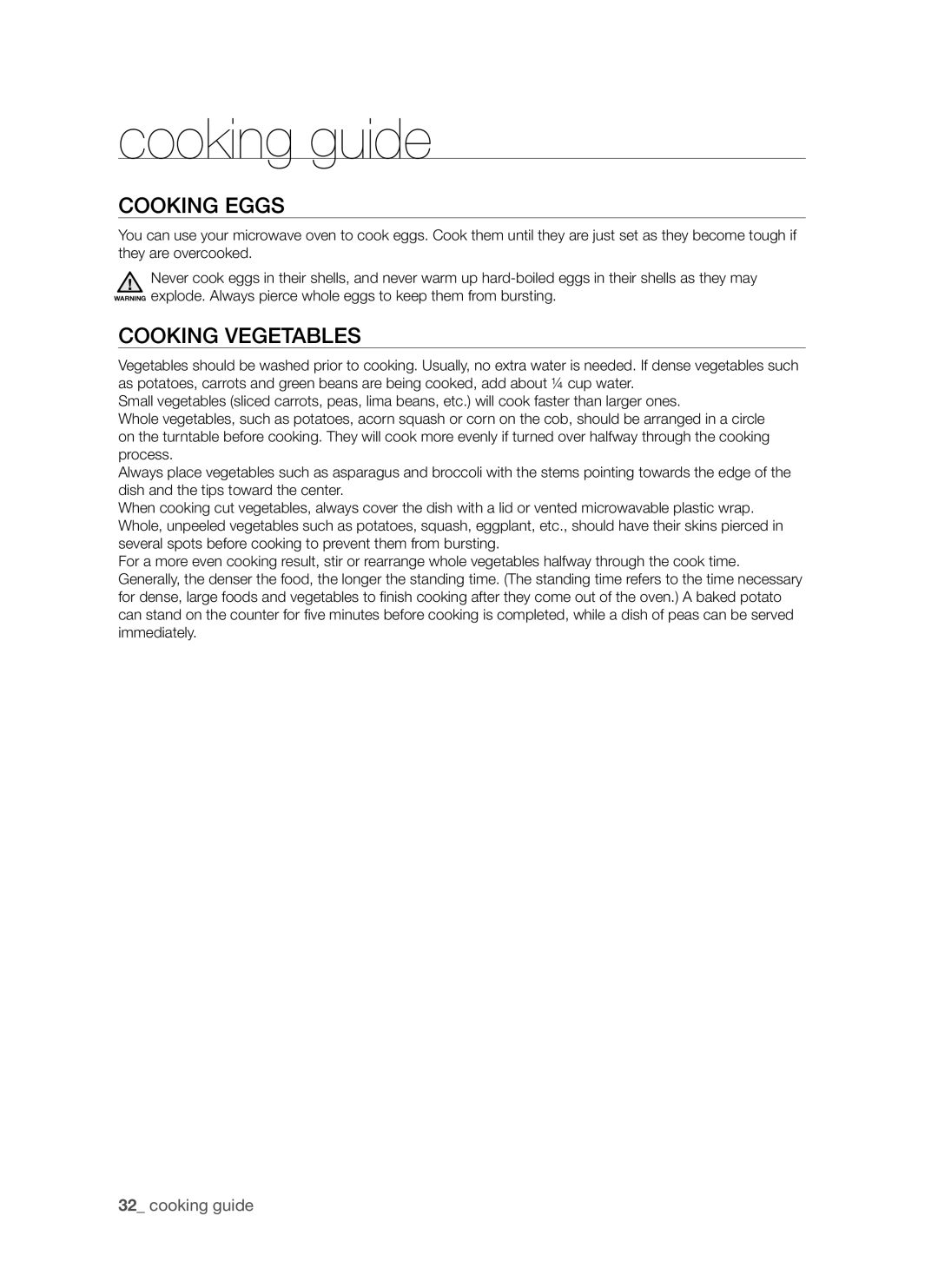 Samsung SMH7185 user manual Cooking eggs, Cooking vegetables, cooking guide 