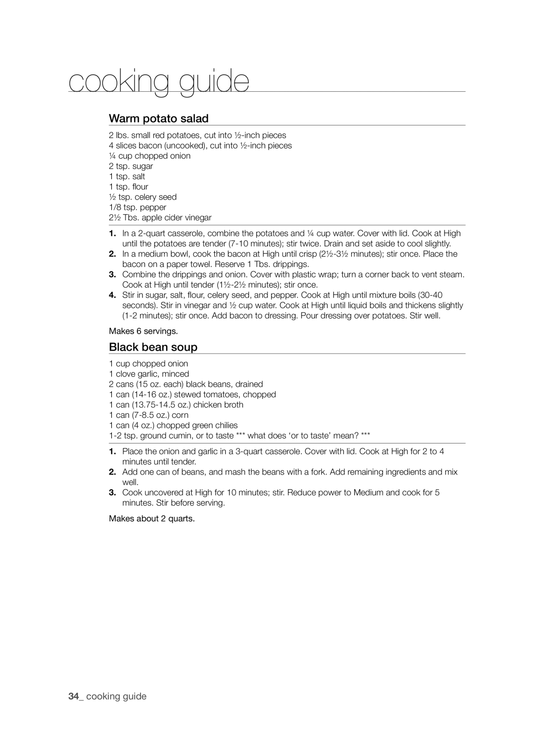Samsung SMH7185 user manual cooking guide, Warm potato salad, Black bean soup 