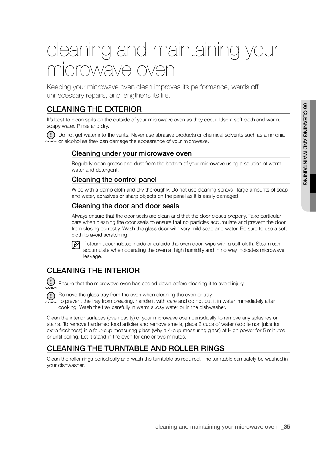 Samsung SMH7185 user manual cleaning and maintaining your microwave oven, Cleaning the exterior, Cleaning the interior 