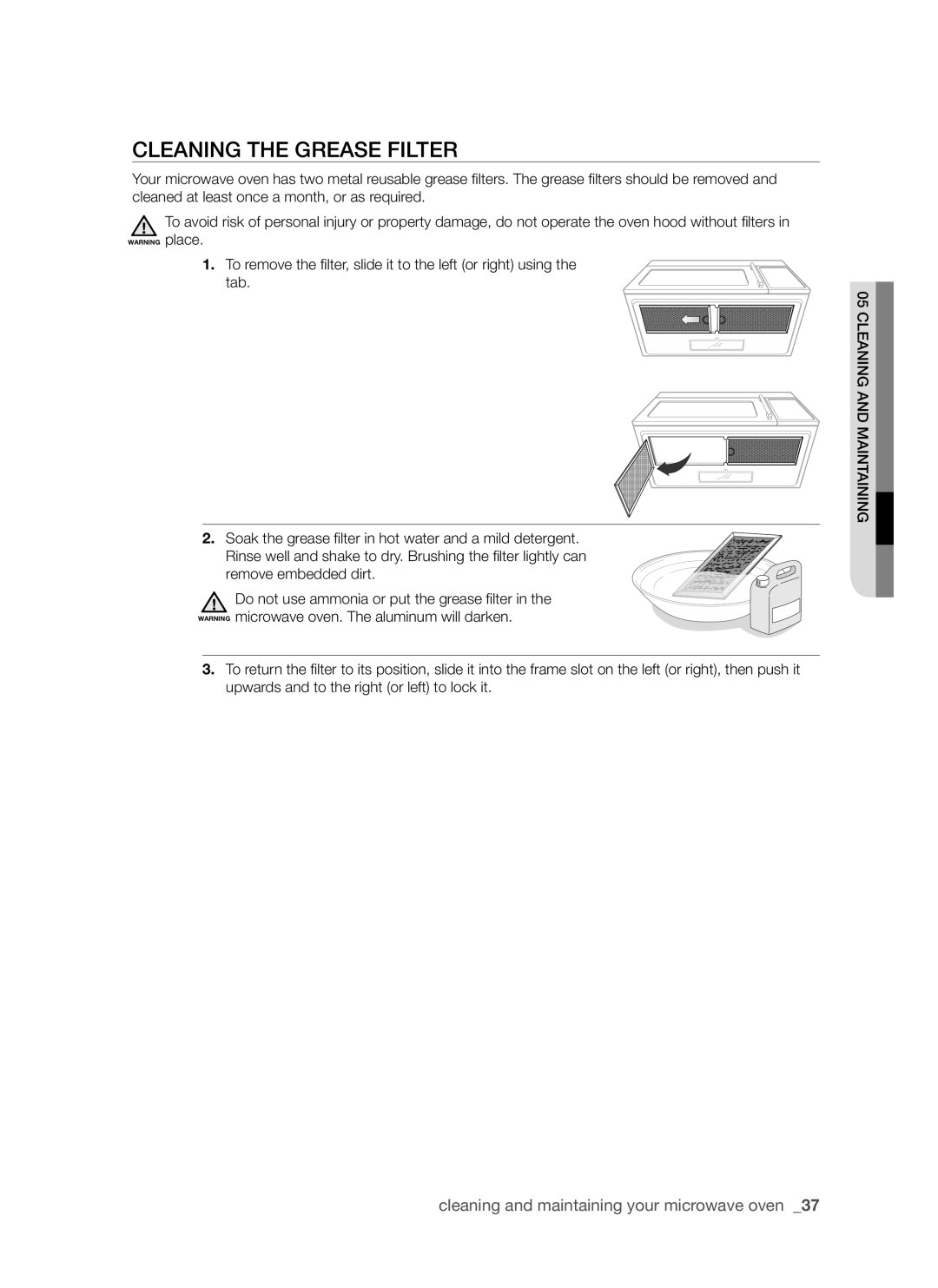 Samsung SMH7185 user manual CLeAnIng The greASe FILTer, cleaning and maintaining your microwave oven  