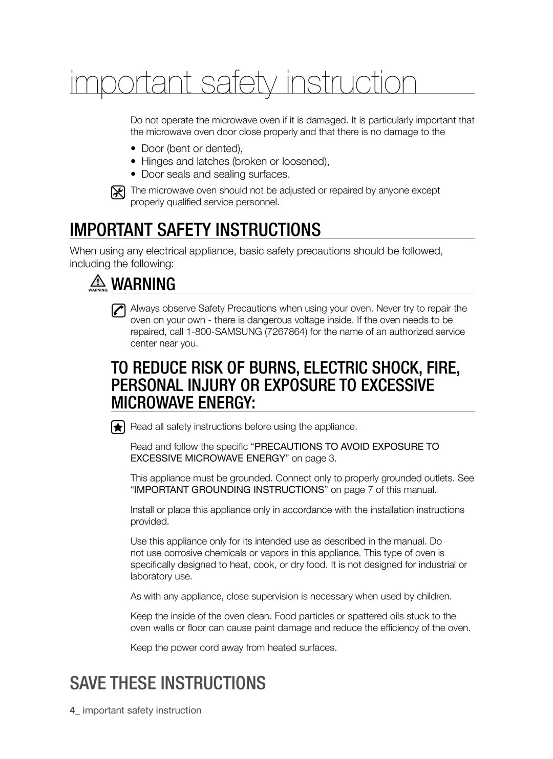 Samsung SMH7185 user manual Important safety instructions, important safety instruction, Save these instructions 