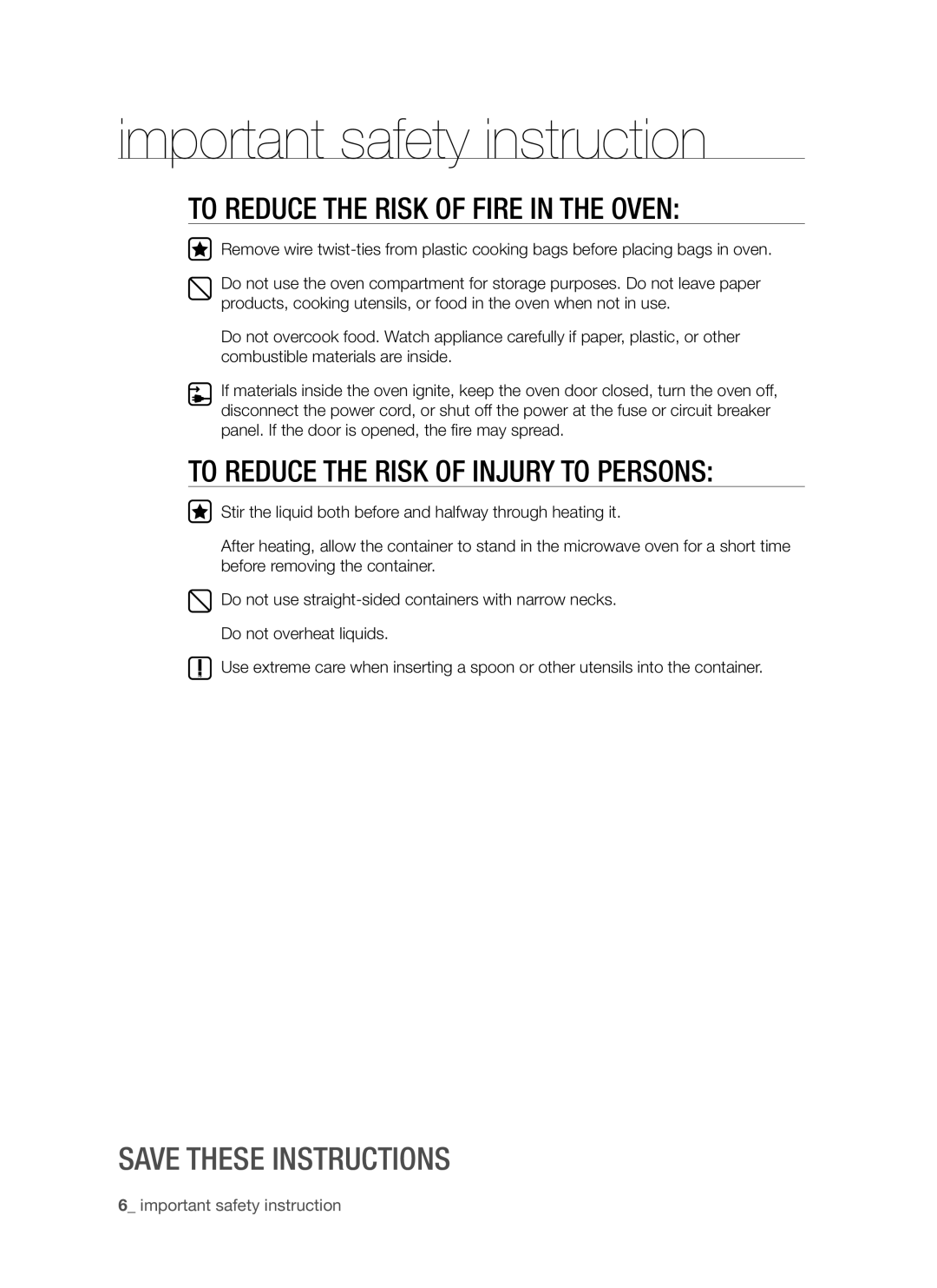 Samsung SMH7185 To reduce the risk of fire in the oven, To reduce the risk of injury to persons, Save these instructions 