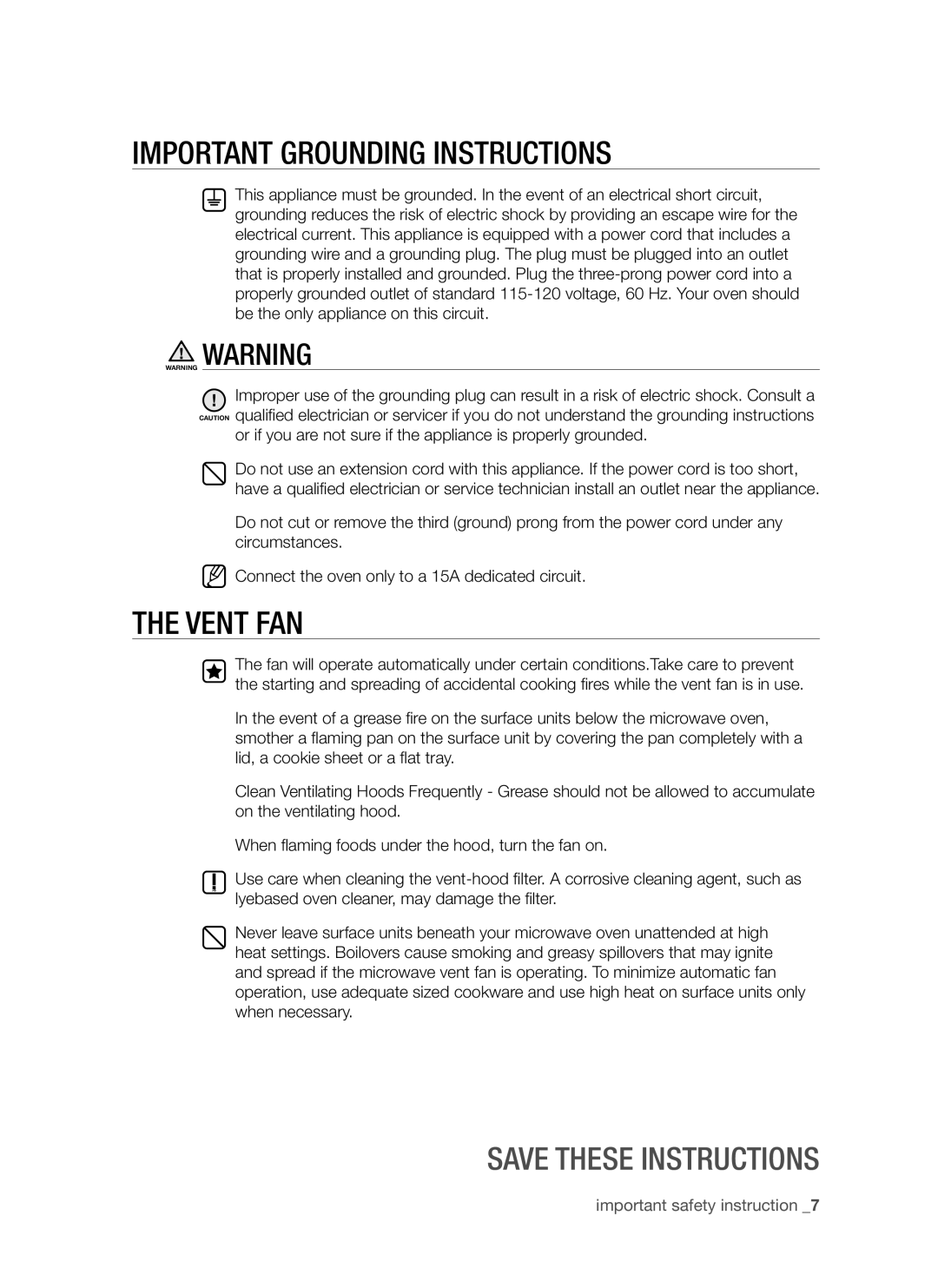 Samsung SMH7185 Important grounding instructions, The vent fan, Save these instructions, important safety instruction  