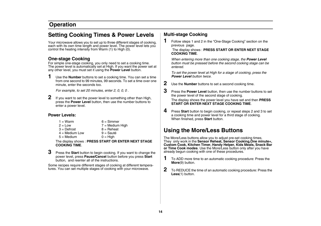 Samsung SMH7174, SMH7195, SMH7175 owner manual Operation Setting Cooking Times & Power Levels, One-stage Cooking 