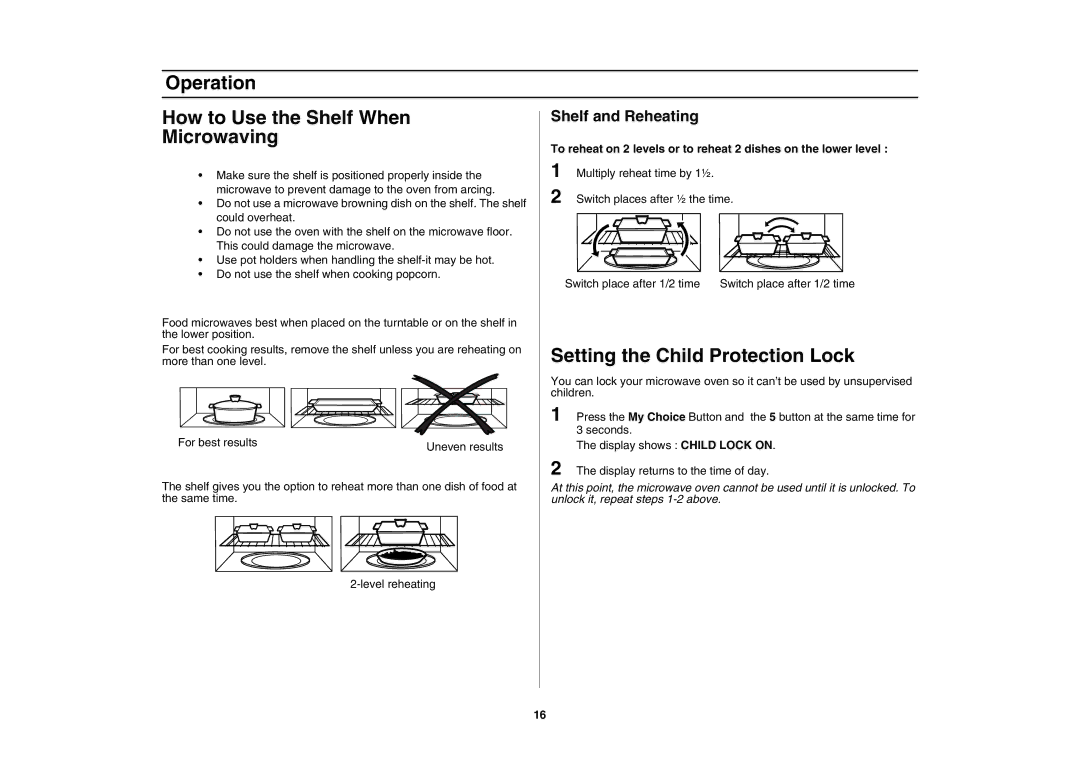 Samsung SMH7175 Operation How to Use the Shelf When, Microwaving, Setting the Child Protection Lock, Shelf and Reheating 