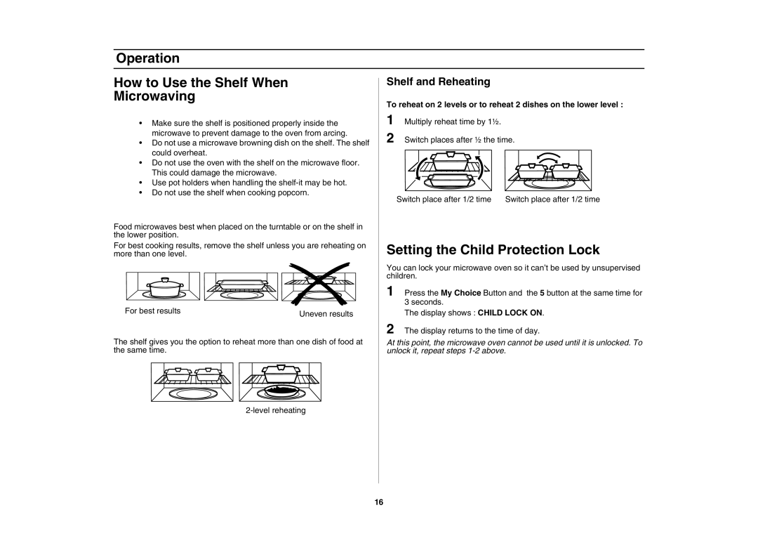 Samsung SMH7175 How to Use the Shelf When, Microwaving, Setting the Child Protection Lock, Shelf and Reheating, Operation 