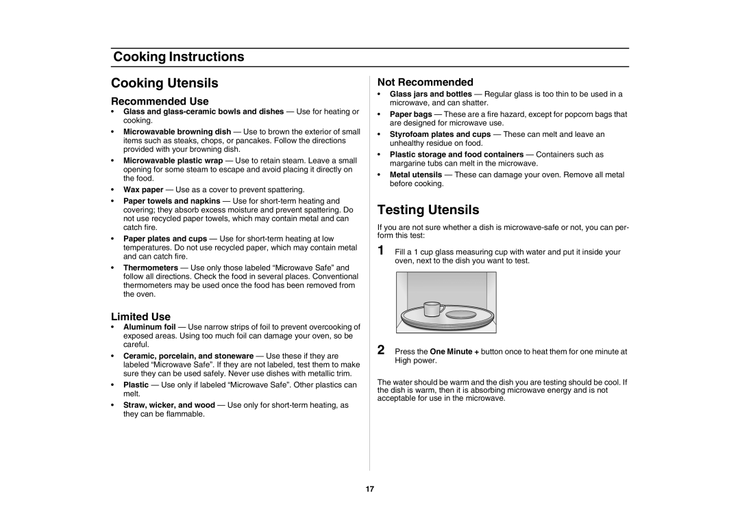 Samsung SMH7174 Cooking Instructions, Cooking Utensils, Testing Utensils, Recommended Use, Limited Use, Not Recommended 