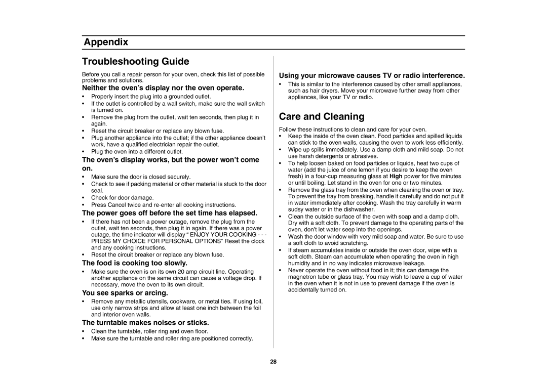 Samsung SMH7175 Appendix, Troubleshooting Guide, Care and Cleaning, Neither the oven’s display nor the oven operate 
