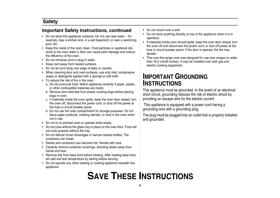 Samsung SMH7195 Important Grounding Instructions, Important Safety Instructions, continued, Save These Instructions 