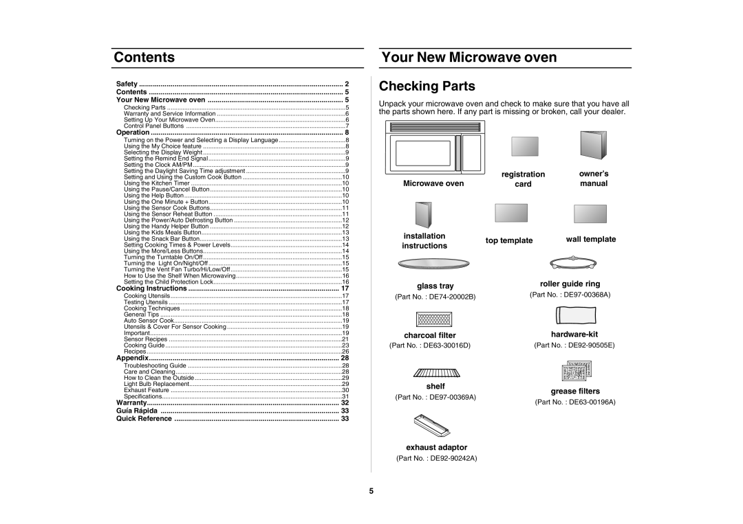 Samsung SMH7174, SMH7195, SMH7175 owner manual Contents, Your New Microwave oven, Checking Parts 