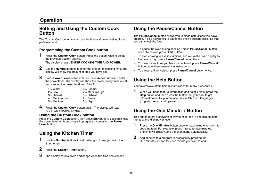 Samsung SMH7198STD, SMH7178STD owner manual Using the Kitchen Timer, Using the Pause/Cancel Button, Using the Help Button 