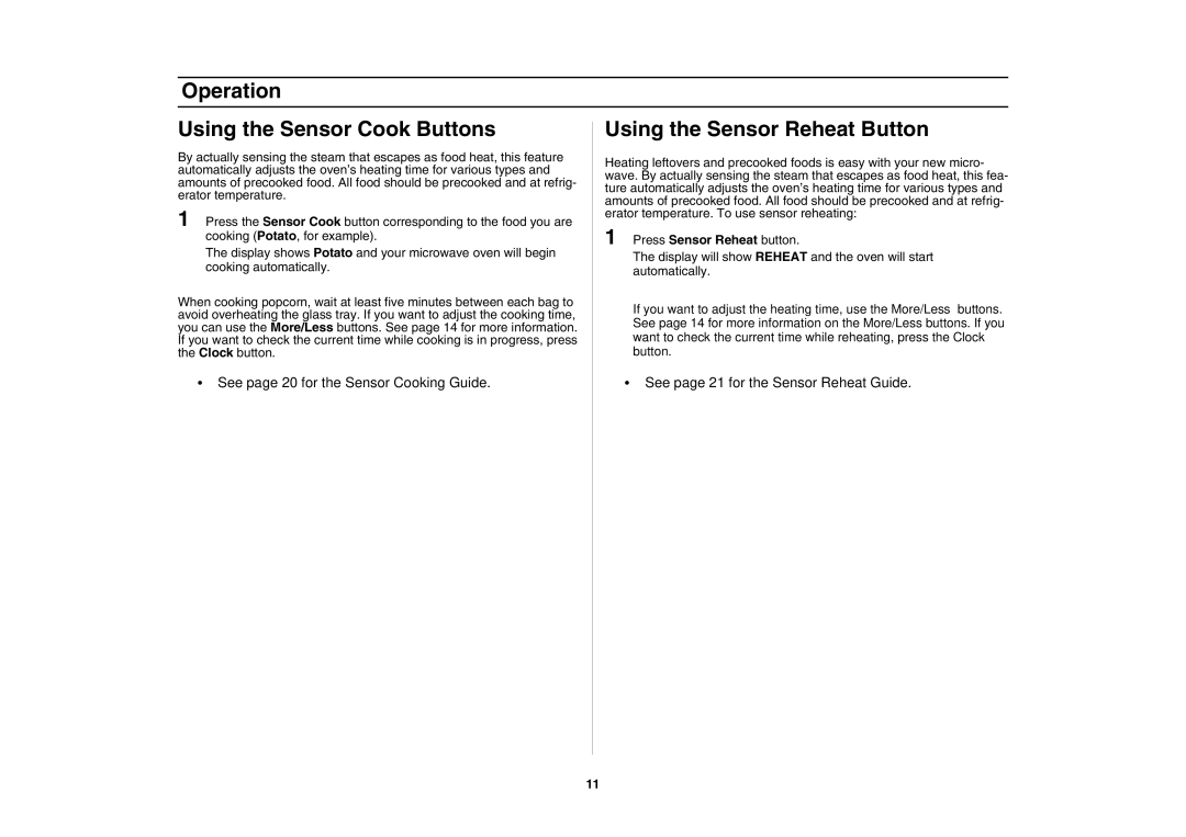 Samsung SMH7178STD, SMH7198STD owner manual Press Sensor Reheat button 