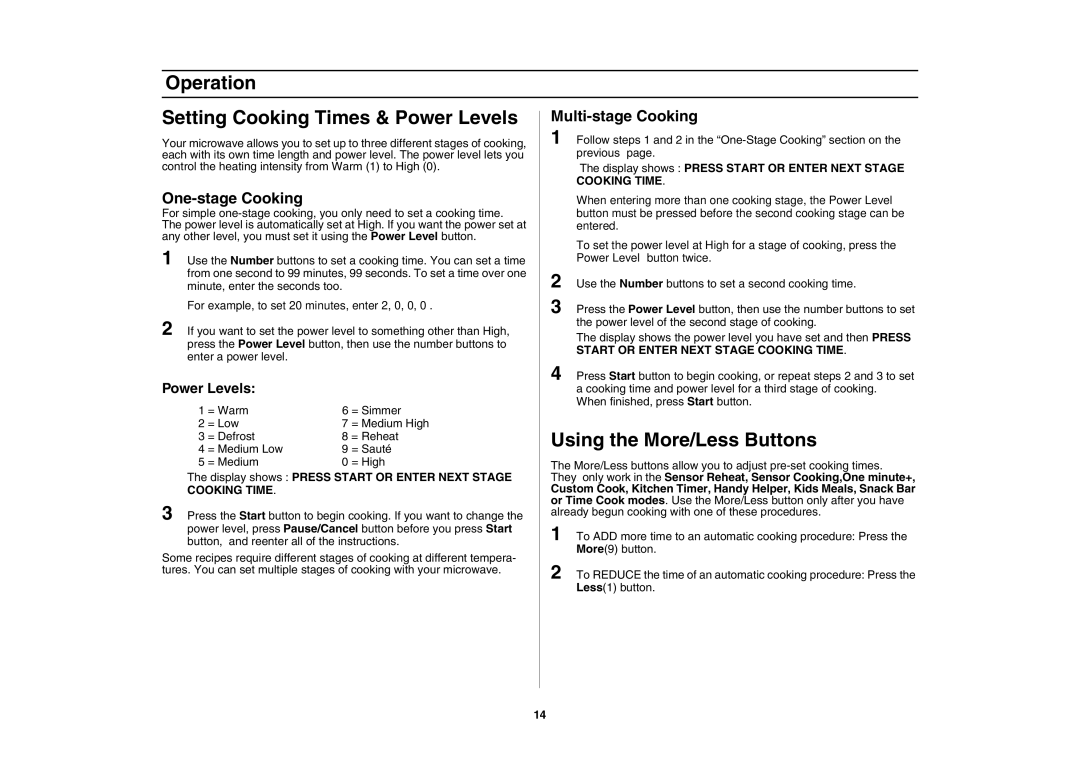 Samsung SMH7198STD, SMH7178STD owner manual Operation Setting Cooking Times & Power Levels, One-stage Cooking 