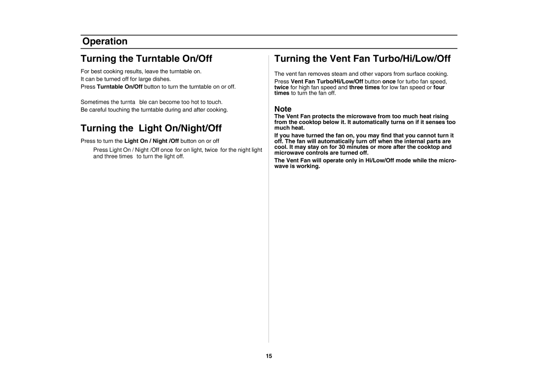 Samsung SMH7178STD, SMH7198STD owner manual Turning the Light On/Night/Off 