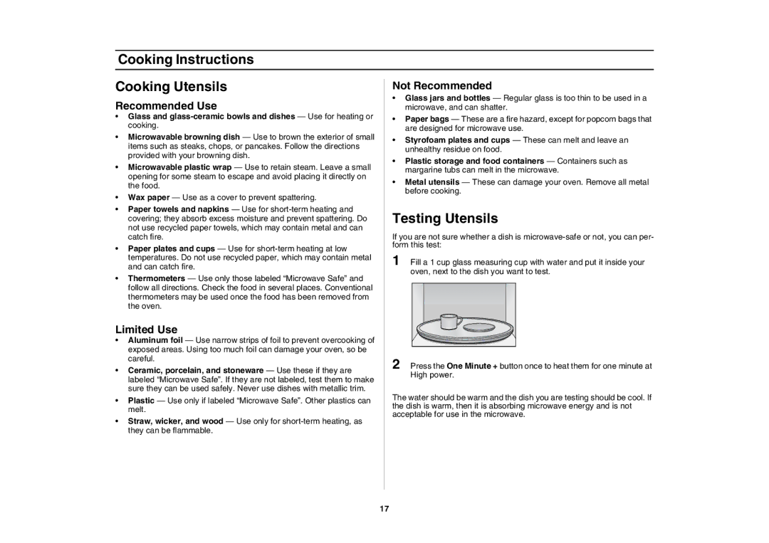 Samsung SMH7178STD Cooking Instructions Cooking Utensils, Testing Utensils, Recommended Use, Limited Use, Not Recommended 