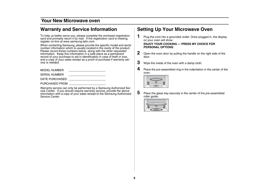 Samsung SMH7198STD Your New Microwave oven Warranty and Service Information, Model Number Serial Number Date Purchased 