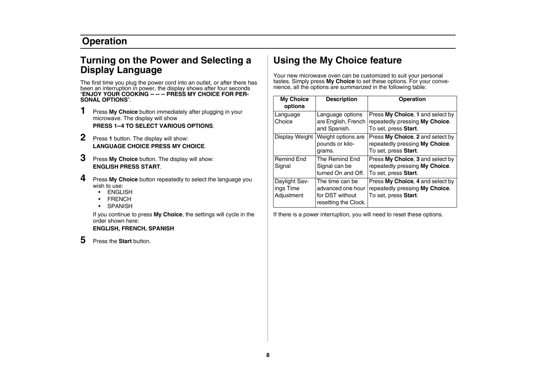 Samsung SMH7198STD, SMH7178STD owner manual My Choice Description Operation, Options 