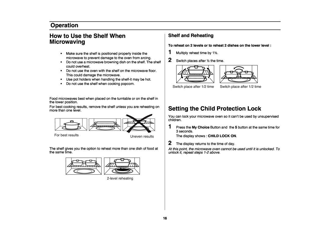 Samsung SMH7198STD How to Use the Shelf When, Microwaving, Setting the Child Protection Lock, Shelf and Reheating 