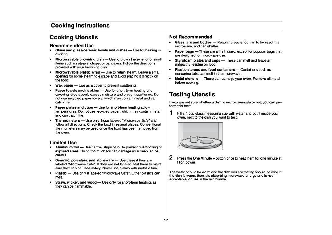 Samsung SMH7178STD Cooking Instructions, Cooking Utensils, Testing Utensils, Recommended Use, Limited Use, Not Recommended 