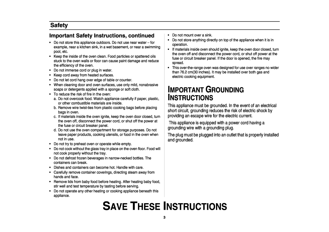 Samsung SMH7178STD Important Grounding Instructions, Important Safety Instructions, continued, Save These Instructions 