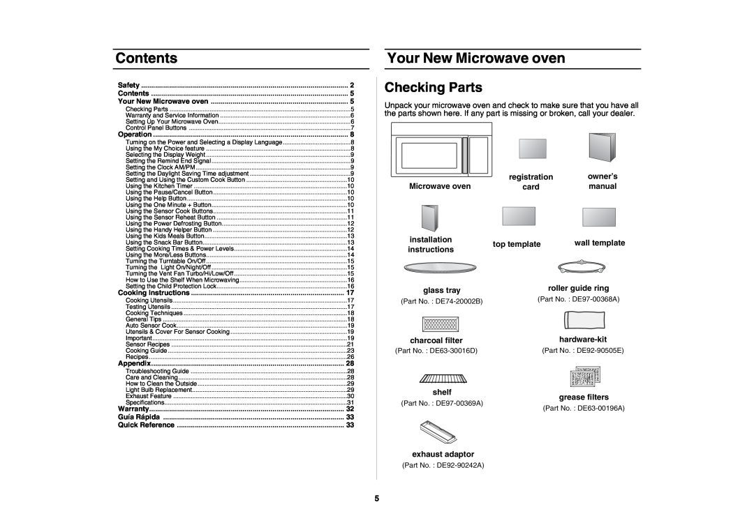 Samsung SMH7178STD, SMH7198STD owner manual Contents, Your New Microwave oven, Checking Parts 