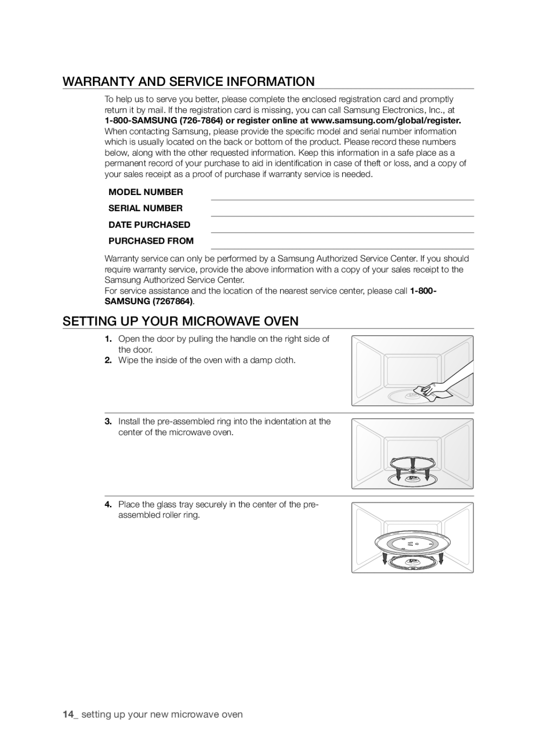 Samsung SMH8165STE user manual Warranty and service information, Setting up your microwave oven 