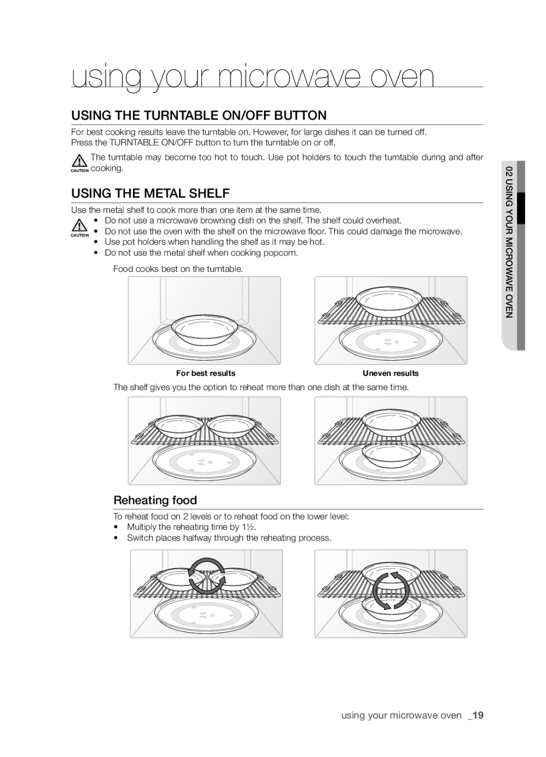 Samsung SMH8165STE user manual Using the Turntable On/Off button, Using the metal shelf, Reheating food 