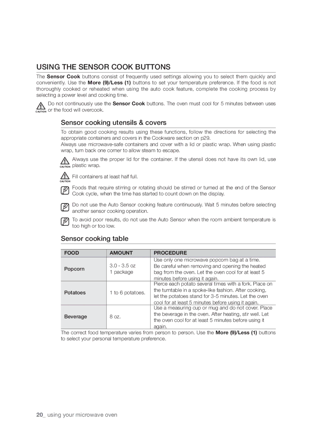 Samsung SMH8165STE user manual Using the Sensor Cook buttons, Sensor cooking utensils & covers, Sensor cooking table 