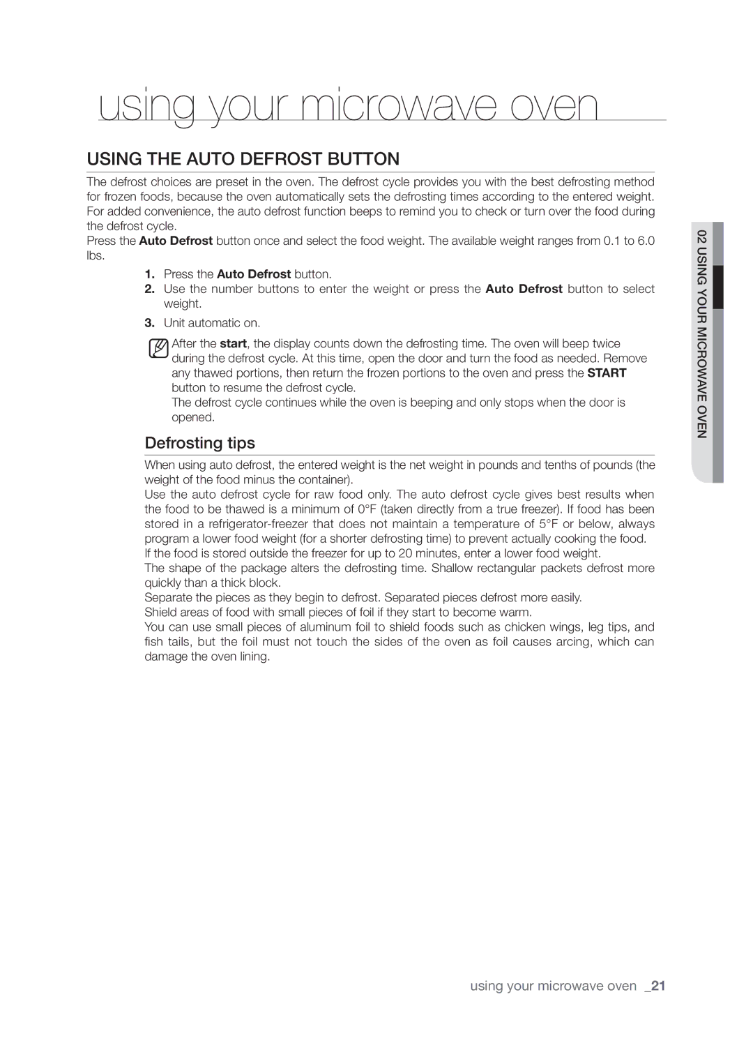 Samsung SMH8165STE user manual Using the Auto Defrost button, Defrosting tips 